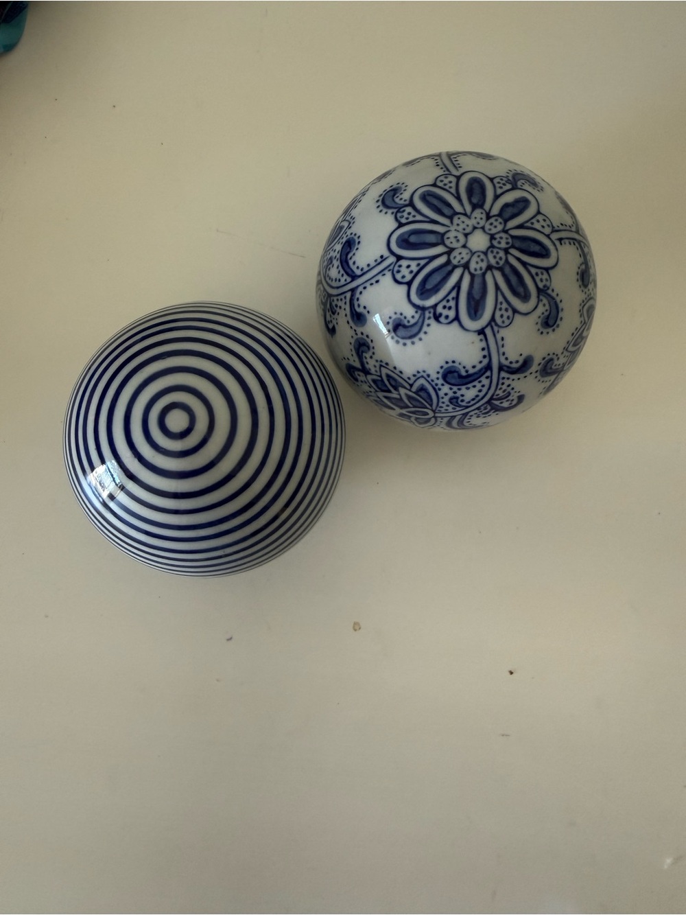Blue and White Ceramic Decorative Spheres - Pair